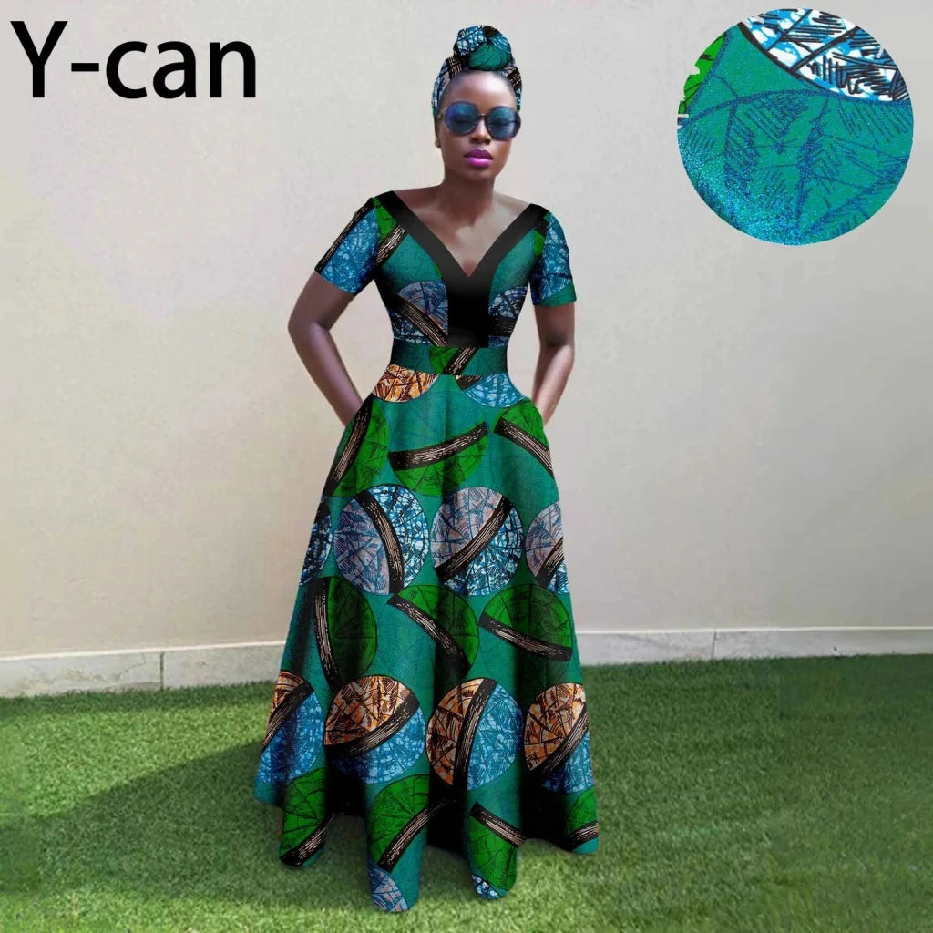 African Ankara Patchwork A - Line Dress – Women’s V - Neck Short Sleeve Party Dress with Headscarf - Free Delivery Worldwide only at Flexi Africa