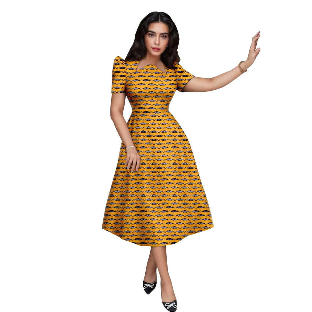 Buy African Print Collar Mid-Calf Dress – Short Sleeve Elegant Party & Casual Wear for only $56.54 at Flexi Africa!