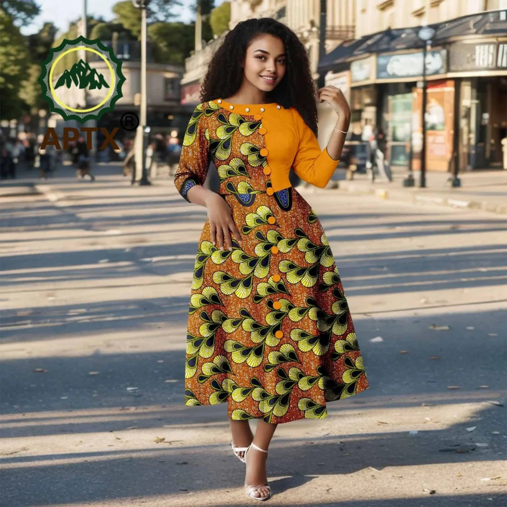 African Ankara Print Dress for Women – O - Neck Three - Quarter Sleeve Mid - Calf Dashiki Dress - Free Delivery Worldwide only at Flexi Africa
