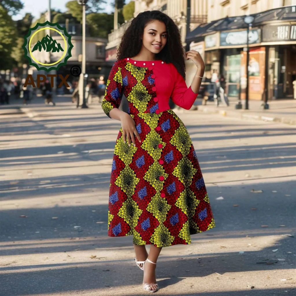 African Ankara Print Dress for Women – O - Neck Three - Quarter Sleeve Mid - Calf Dashiki Dress - Free Delivery Worldwide only at Flexi Africa