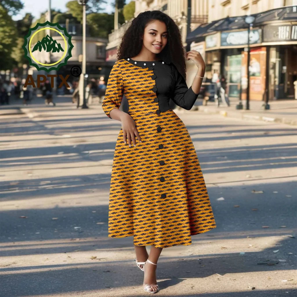 African Ankara Print Dress for Women – O - Neck Three - Quarter Sleeve Mid - Calf Dashiki Dress - Free Delivery Worldwide only at Flexi Africa