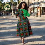 African Ankara Print Dress for Women – O - Neck Three - Quarter Sleeve Mid - Calf Dashiki Dress - Free Delivery Worldwide only at Flexi Africa