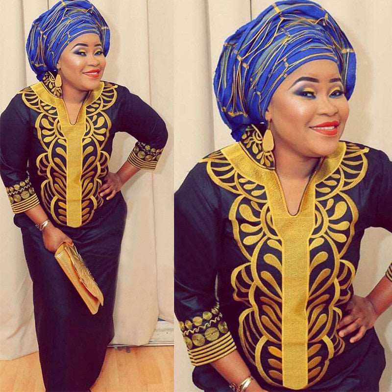 African Bazin Embroidery Long Dress Soft Material Traditional Clothing - Free Delivery Worldwide only at Flexi Africa