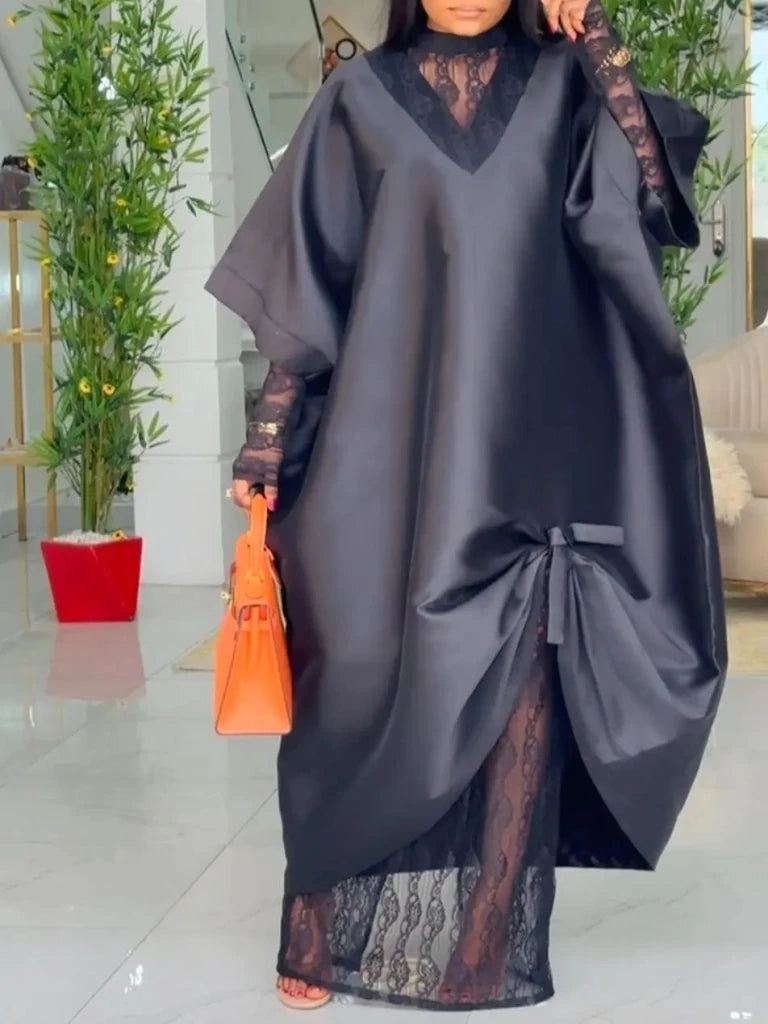 African Boubou Dress Set for Women – Loose Dashiki Robe with Lace Inner Dress - Free Delivery Worldwide only at Flexi Africa