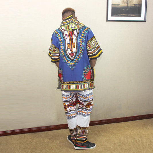 African Classic Dashiki with Pockets Mens Blue Printed Dashiki Hoodie - Free Delivery Worldwide only at Flexi Africa