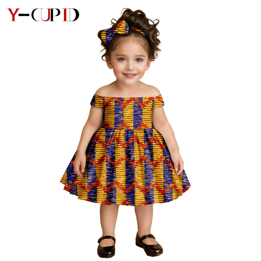 African Clothes for Kids Girls – Ankara Print Slash Neck Party Dress with Bow Headband - Free Delivery Worldwide only at Flexi Africa