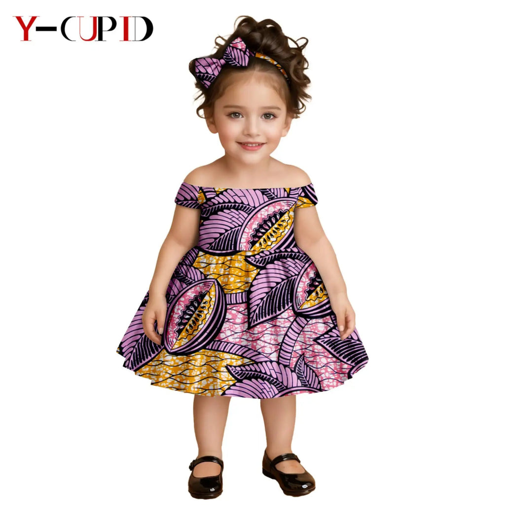 African Clothes for Kids Girls – Ankara Print Slash Neck Party Dress with Bow Headband - Free Delivery Worldwide only at Flexi Africa