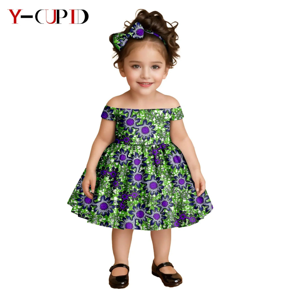 African Clothes for Kids Girls – Ankara Print Slash Neck Party Dress with Bow Headband - Free Delivery Worldwide only at Flexi Africa