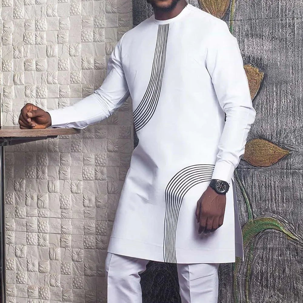 African Clothes Men Fashion Summer Dashiki Traditional Long Sleeve White Shirts African Clothing - Flexi Africa - Flexi Africa offers Free Delivery Worldwide - Vibrant African traditional clothing showcasing bold prints and intricate designs