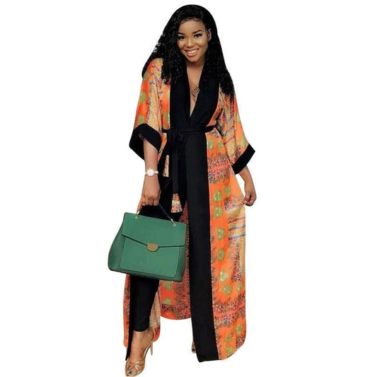 African Clothes Print Jacket Coat Robe with Belt Dashiki Autumn Casual Long Jacket Top - Free Delivery Worldwide