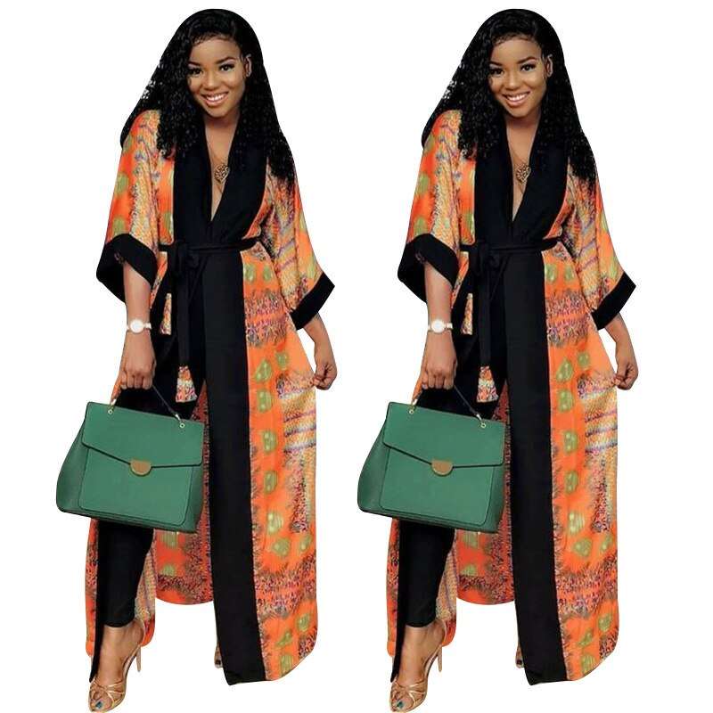 African Clothes Print Jacket Coat Robe with Belt Dashiki Autumn Casual Long Jacket Top - Free Delivery Worldwide