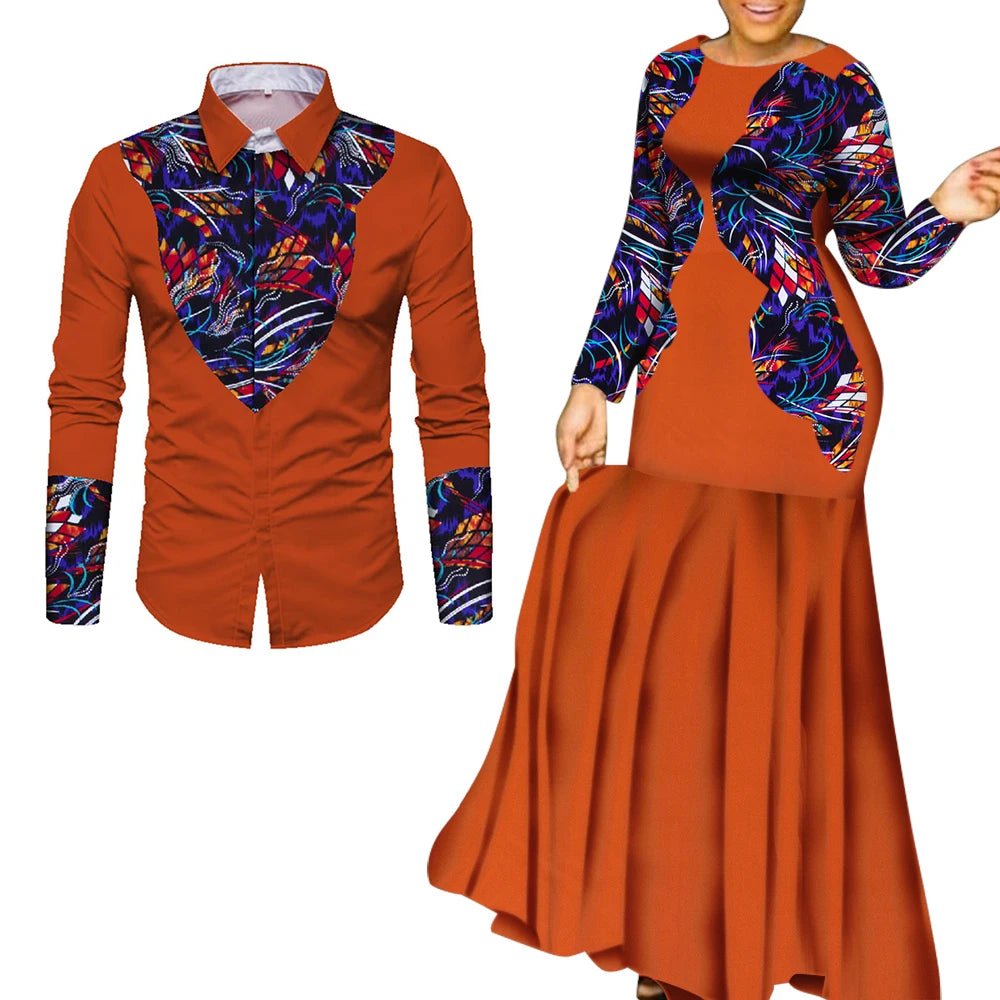 African Couple Matching Outfits – Elegant Lovers’ Traditional Clothing Set, Men’s Shirt & Women’s Long Maxi Dress - Free Delivery Worldwide only at Flexi Africa
