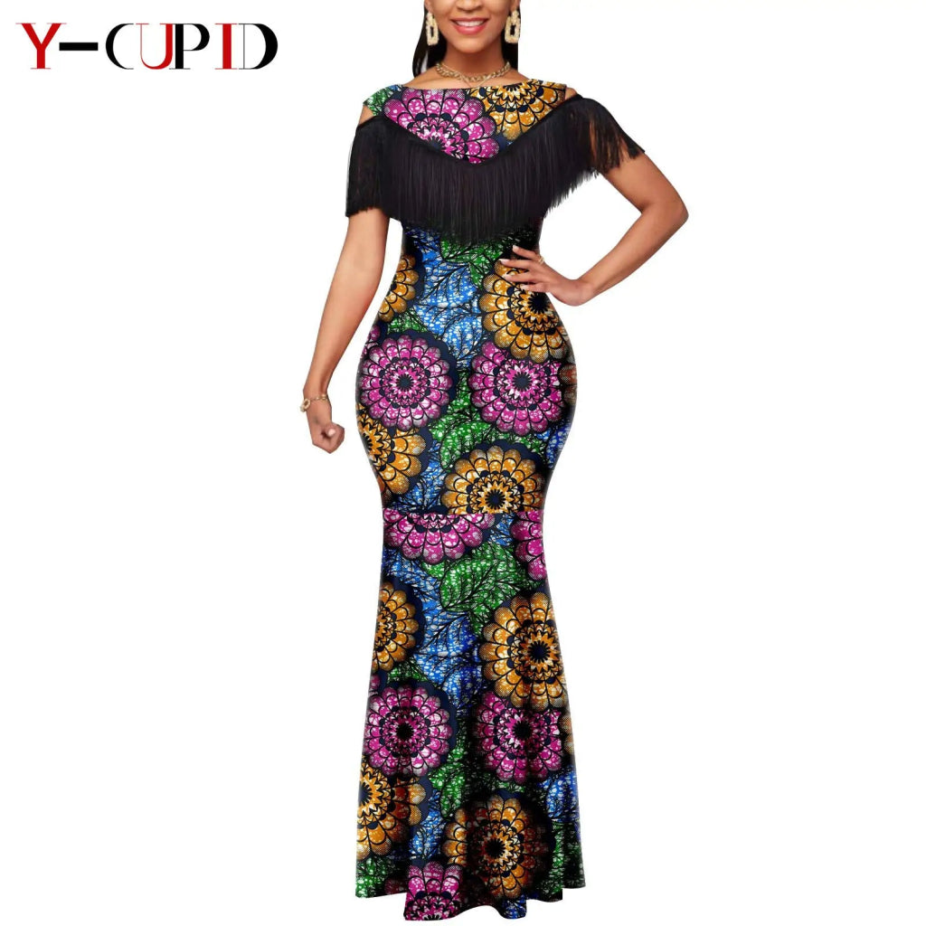 African Dashiki Bazin Riche Long Dress for Women – Slim Tassel Print Matching Couple Party Outfit - Free Delivery Worldwide only at Flexi Africa