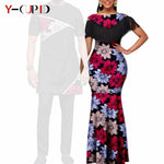 African Dashiki Bazin Riche Long Dress for Women – Slim Tassel Print Matching Couple Party Outfit - Free Delivery Worldwide only at Flexi Africa