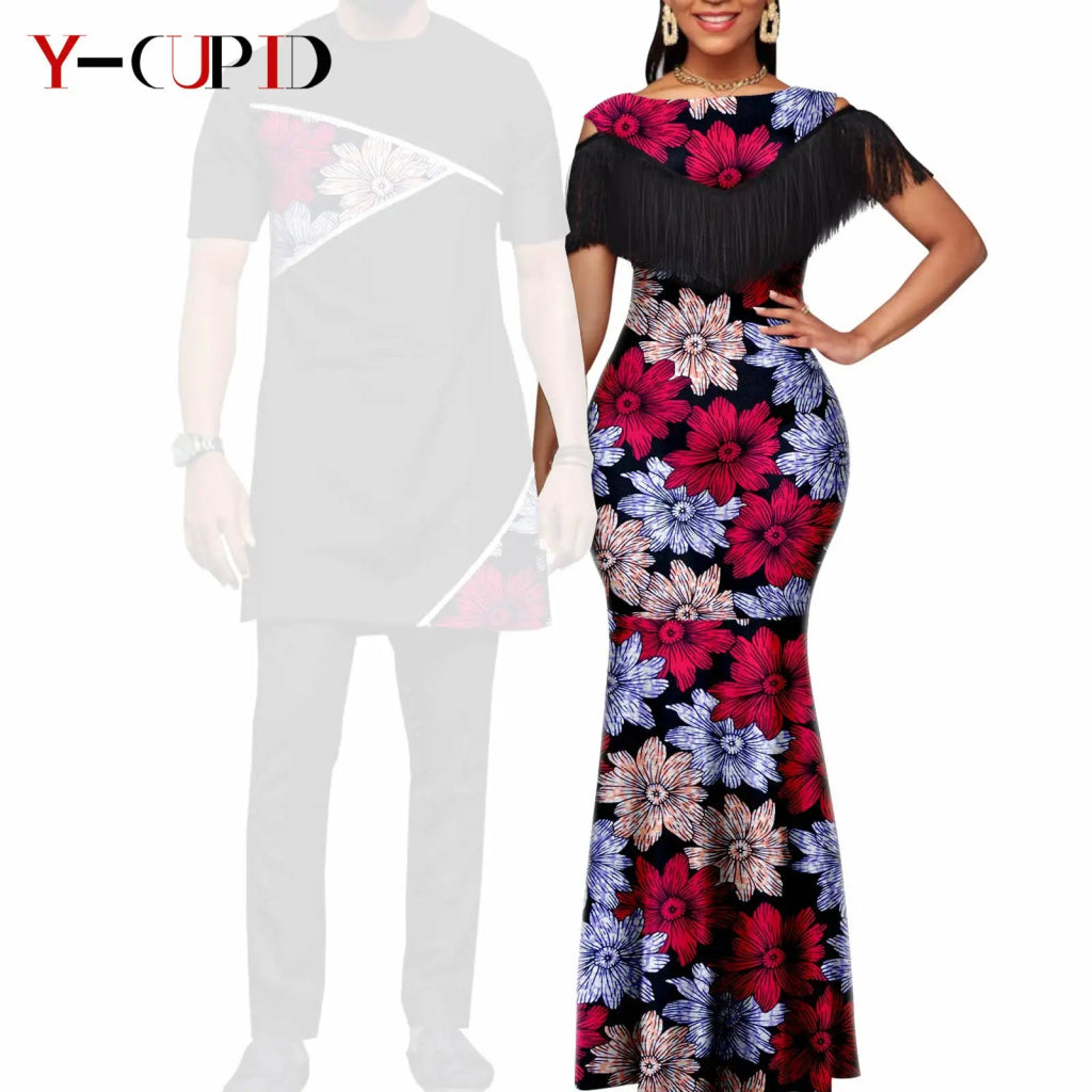 African Dashiki Bazin Riche Long Dress for Women – Slim Tassel Print Matching Couple Party Outfit - Free Delivery Worldwide only at Flexi Africa