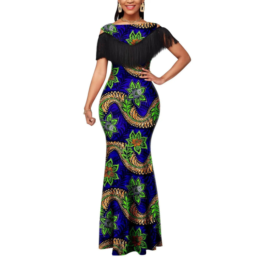 African Dashiki Bazin Riche Long Dress for Women – Slim Tassel Print Matching Couple Party Outfit - Free Delivery Worldwide only at Flexi Africa