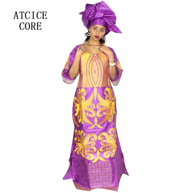 African Dress For Woman Bazin Riche Embroidery Design Floor Length Dress With Scarf - Free Delivery Worldwide only at Flexi Africa