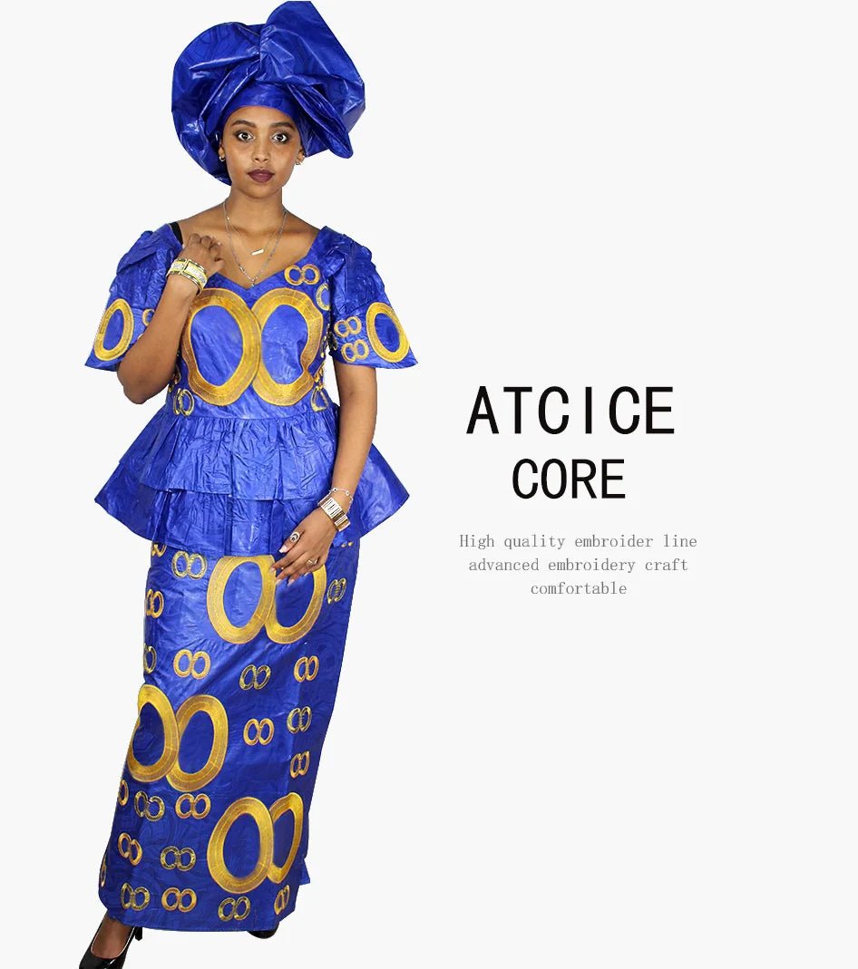 African Dress For Women Bazin Riche Embroidery Design Top Wrapper With Scarf - Free Delivery Worldwide only at Flexi Africa