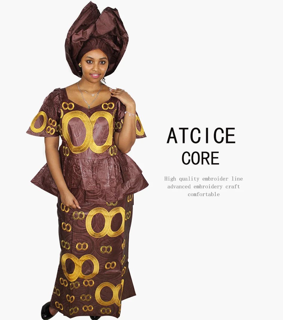 African Dress For Women Bazin Riche Embroidery Design Top Wrapper With Scarf - Free Delivery Worldwide only at Flexi Africa