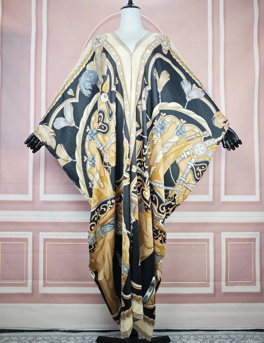 African Dresses For Women Fashion Floral Summer Loose Silk Printed Kaftan Lady Ramadan Robe - Free Delivery Worldwide