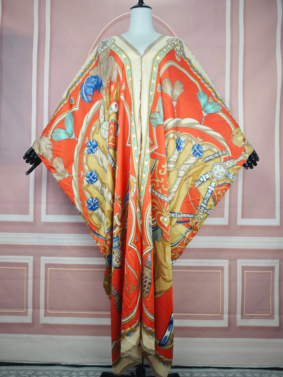African Dresses For Women Fashion Floral Summer Loose Silk Printed Kaftan Lady Ramadan Robe - Free Delivery Worldwide