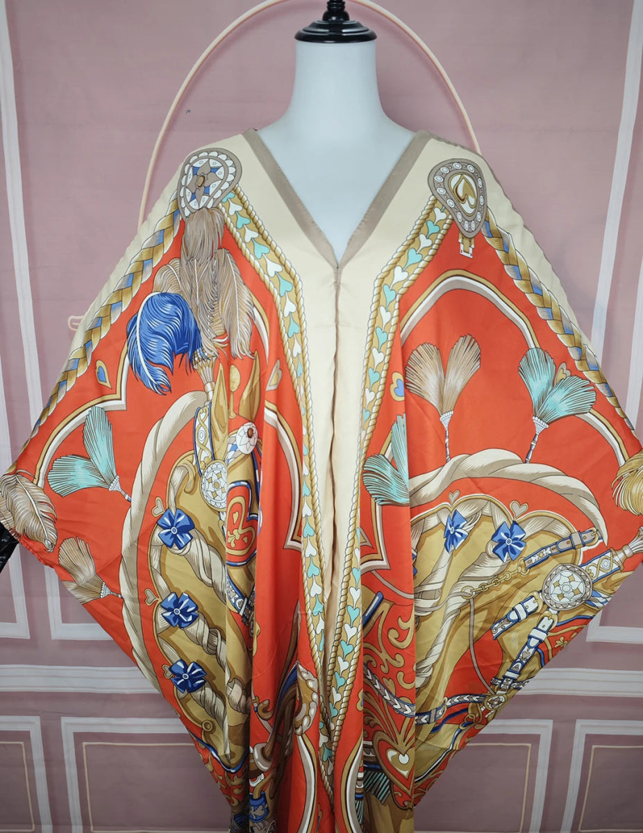 African Dresses For Women Fashion Floral Summer Loose Silk Printed Kaftan Lady Ramadan Robe - Free Delivery Worldwide