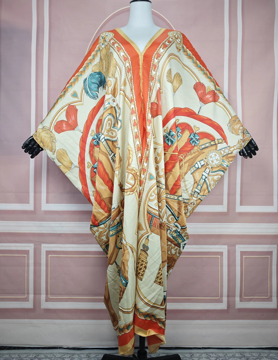 African Dresses For Women Fashion Floral Summer Loose Silk Printed Kaftan Lady Ramadan Robe - Free Delivery Worldwide