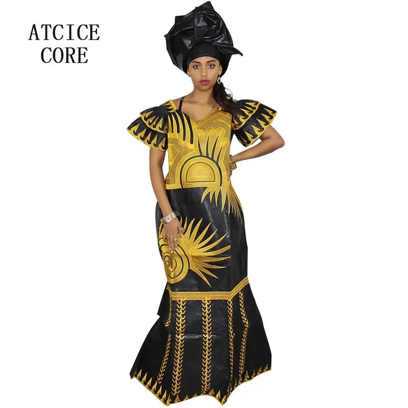 African Dresses for Women – Fashionable Long Dress with Embroidery Design & Matching Scarf - Free Delivery Worldwide only at Flexi Africa