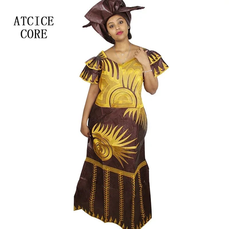 African Dresses for Women – Fashionable Long Dress with Embroidery Design & Matching Scarf - Free Delivery Worldwide only at Flexi Africa