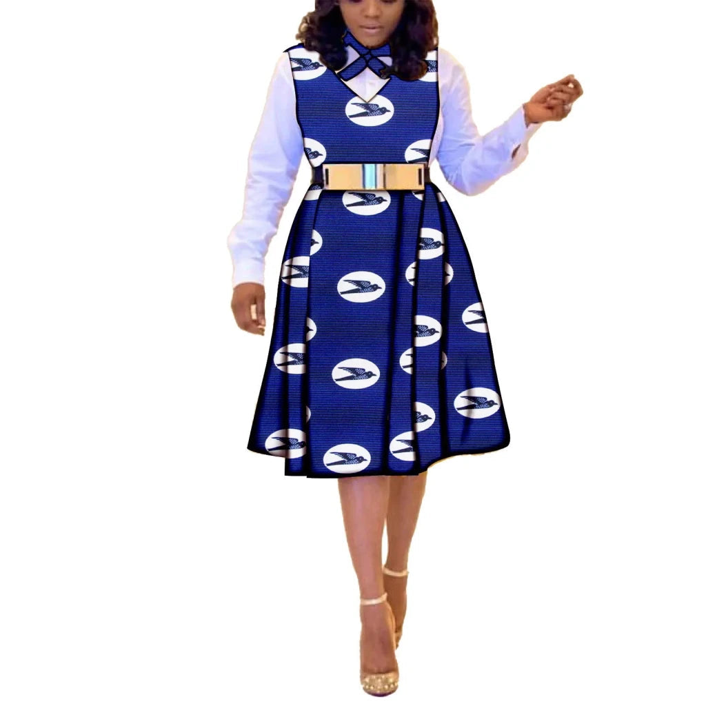 African Dresses for Women Match Print Bow Tie V - Neck Sleeve African Clothes Ankara Print Outfits Plus Size Bazin Riche S2025041 - Free Delivery Worldwide only at Flexi Africa