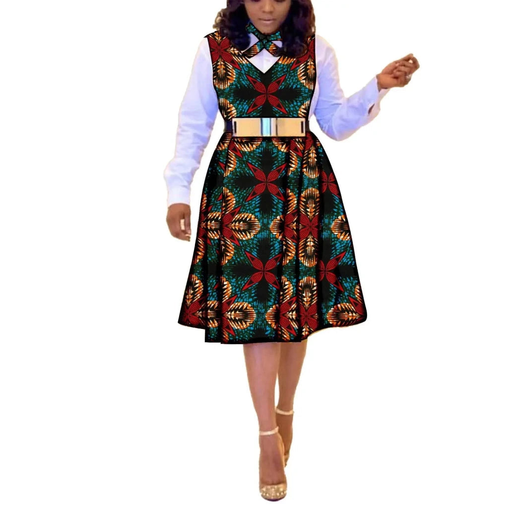 African Dresses for Women Match Print Bow Tie V - Neck Sleeve African Clothes Ankara Print Outfits Plus Size Bazin Riche S2025041 - Free Delivery Worldwide only at Flexi Africa