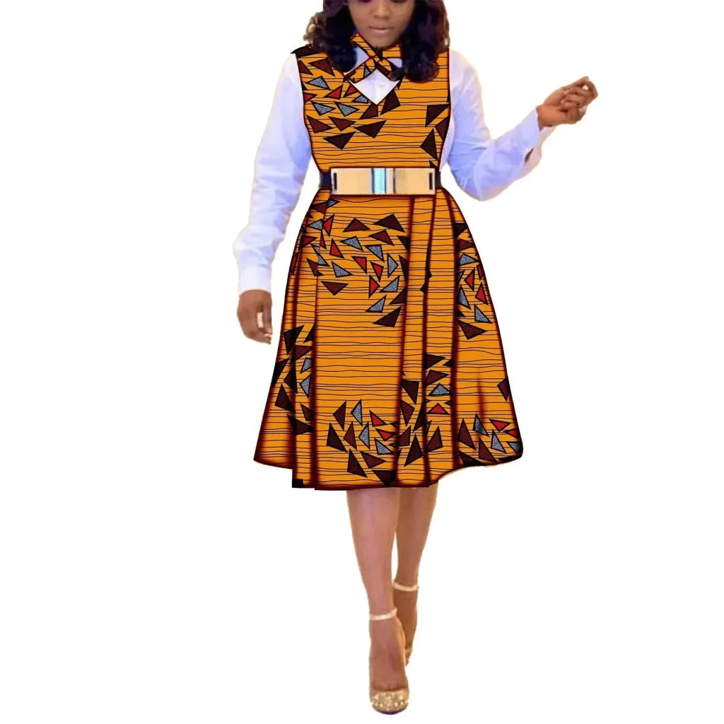 African Dresses for Women Match Print Bow Tie V - Neck Sleeve African Clothes Ankara Print Outfits Plus Size Bazin Riche S2025041 - Free Delivery Worldwide only at Flexi Africa