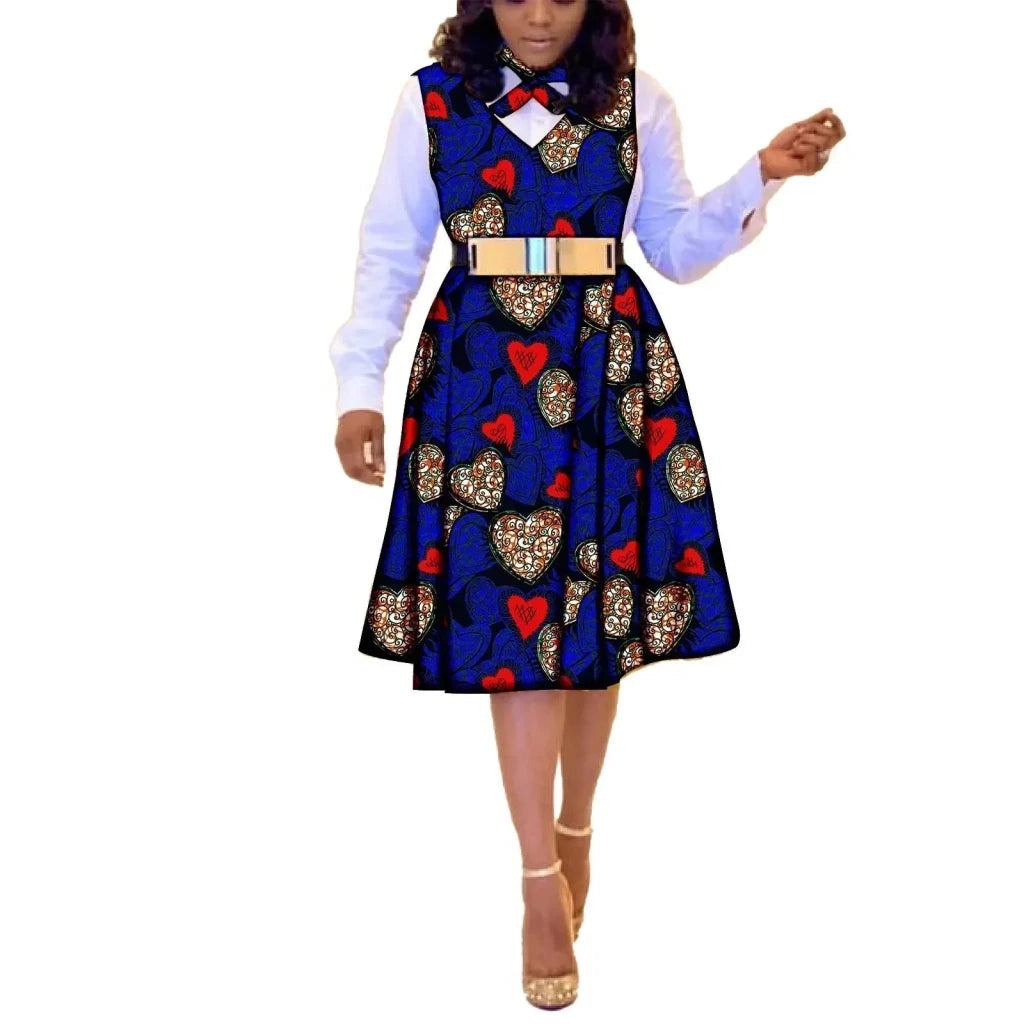 African Dresses for Women Match Print Bow Tie V - Neck Sleeve African Clothes Ankara Print Outfits Plus Size Bazin Riche - Free Delivery Worldwide only at Flexi Africa