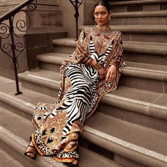 African Dresses for Women Plus Size Zebra Printed Dashiki Elegant Ladies Gown Abaya Kaftan Bat Sleeve V - neck Robes - Free Delivery Worldwide only at Flexi Africa