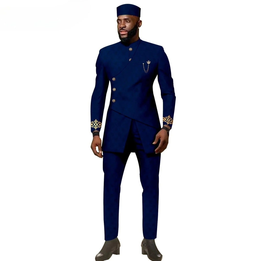 African Ethnic New Men's Casual Suit - Refined and Fitted Style - Party Dress - Fashionable Men's Clothing (Top + Pants + Hat) - Free Delivery Worldwide only at Flexi Africa