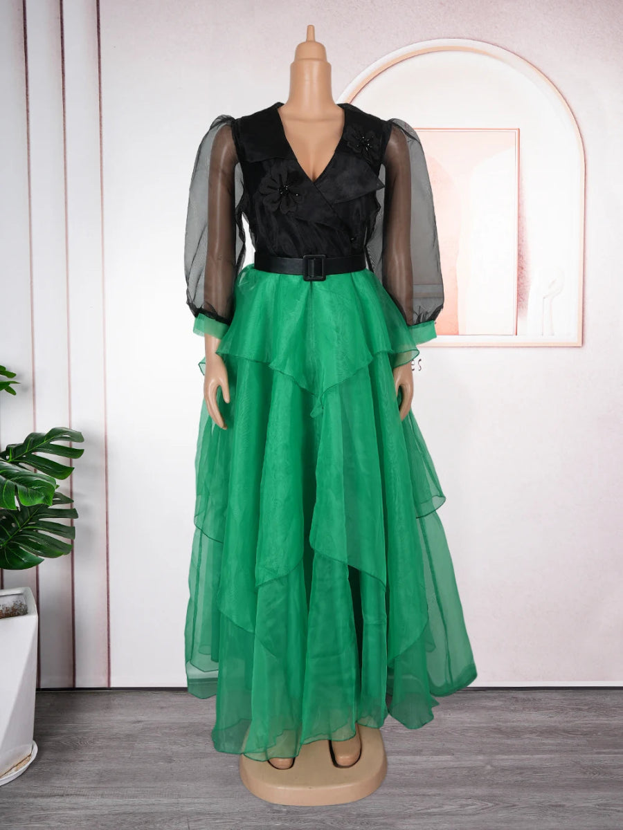 African Fashion Plus Size Long Sleeve Dress – Elegant Gauze Gown for Weddings and Daily Wear - Free Delivery Worldwide only at Flexi Africa