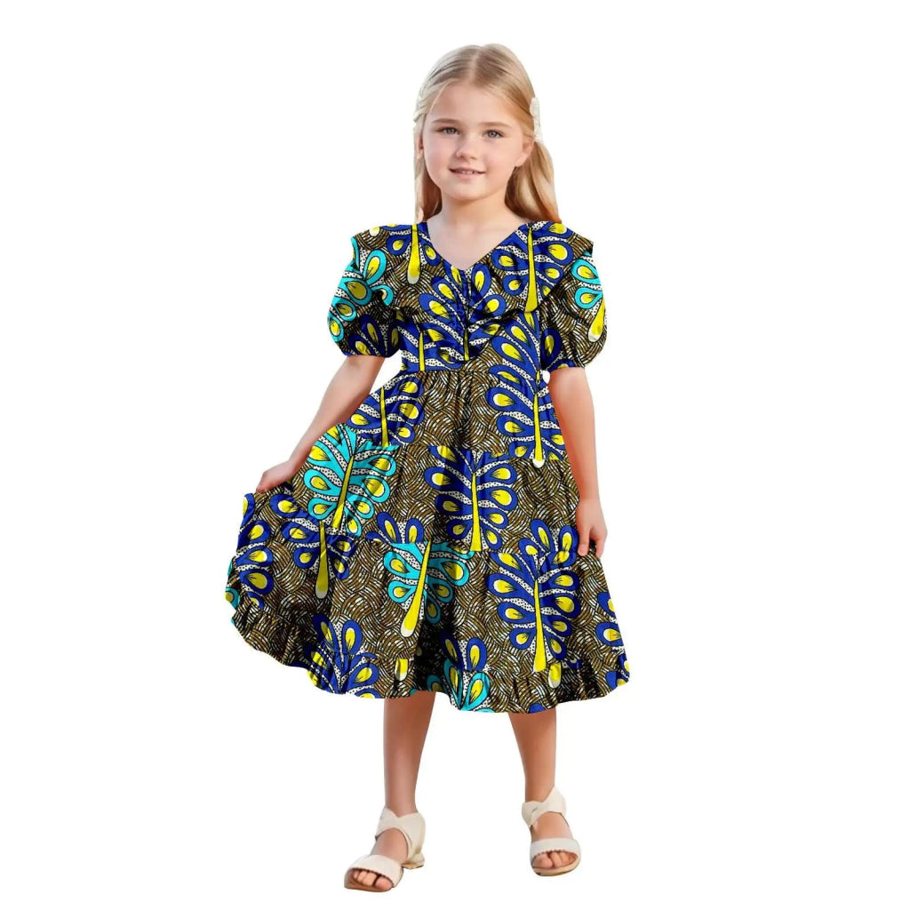 African Girls’ Ankara Print Dress with Double Ruffle Collar – Bazin Riche Children’s Party Dress - Free Delivery Worldwide only at Flexi Africa