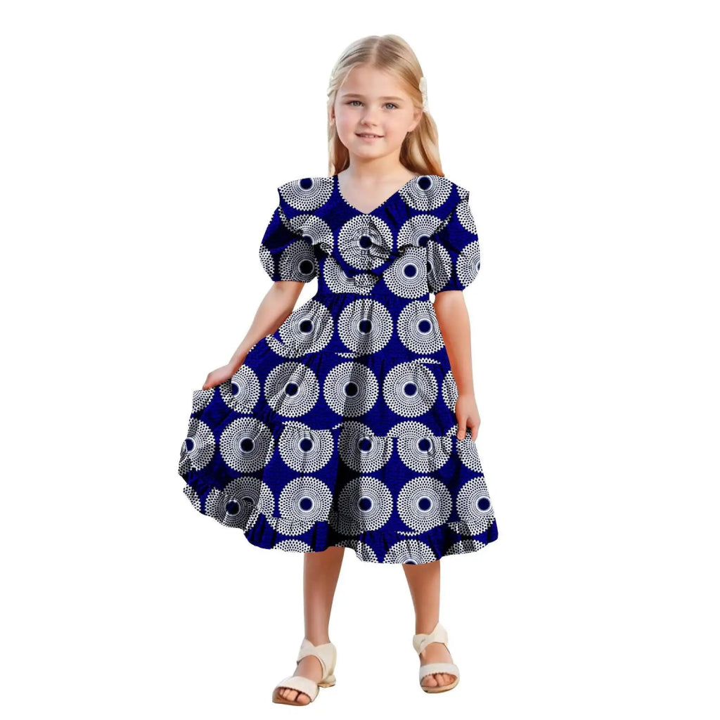 African Girls’ Ankara Print Dress with Double Ruffle Collar – Bazin Riche Children’s Party Dress - Free Delivery Worldwide only at Flexi Africa