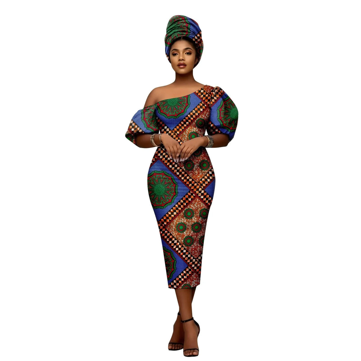 African Heritage Dress – Slim Fit Dashiki Gown with Puff Sleeves and Headwrap - Free Delivery Worldwide only at Flexi Africa