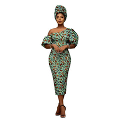 African Heritage Dress – Slim Fit Dashiki Gown with Puff Sleeves and Headwrap - Free Delivery Worldwide only at Flexi Africa