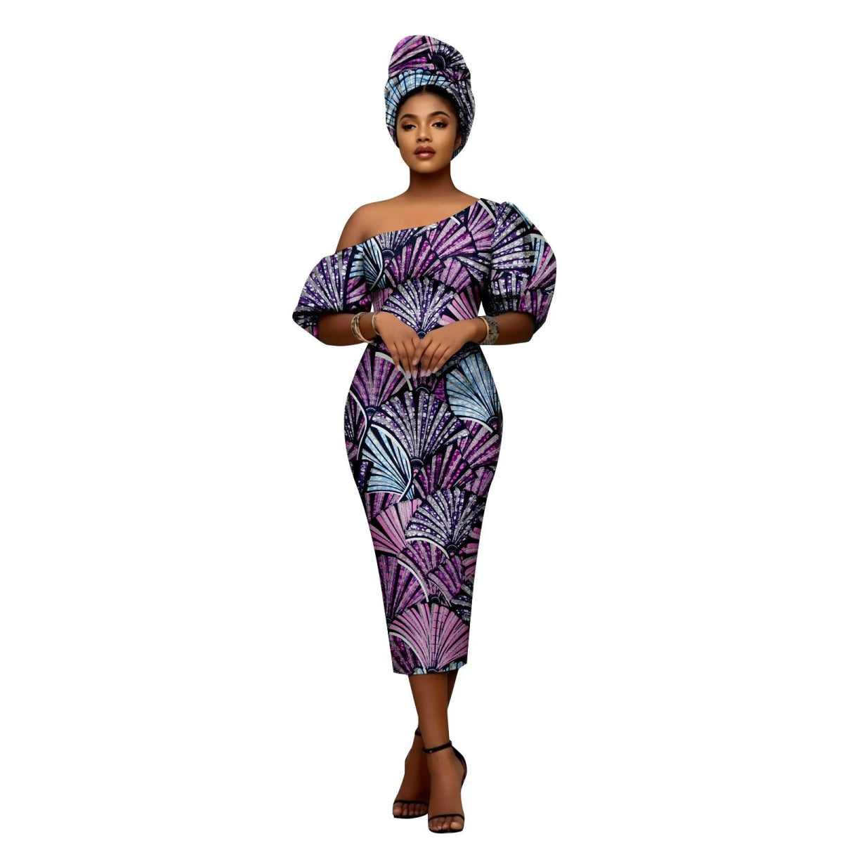 African Heritage Dress – Slim Fit Dashiki Gown with Puff Sleeves and Headwrap - Free Delivery Worldwide only at Flexi Africa