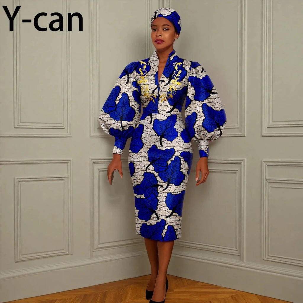 African Long Party Dress for Women – Puff Sleeve V - Neck Slim Dress Free Delivery Worldwide only at Flexi Africa