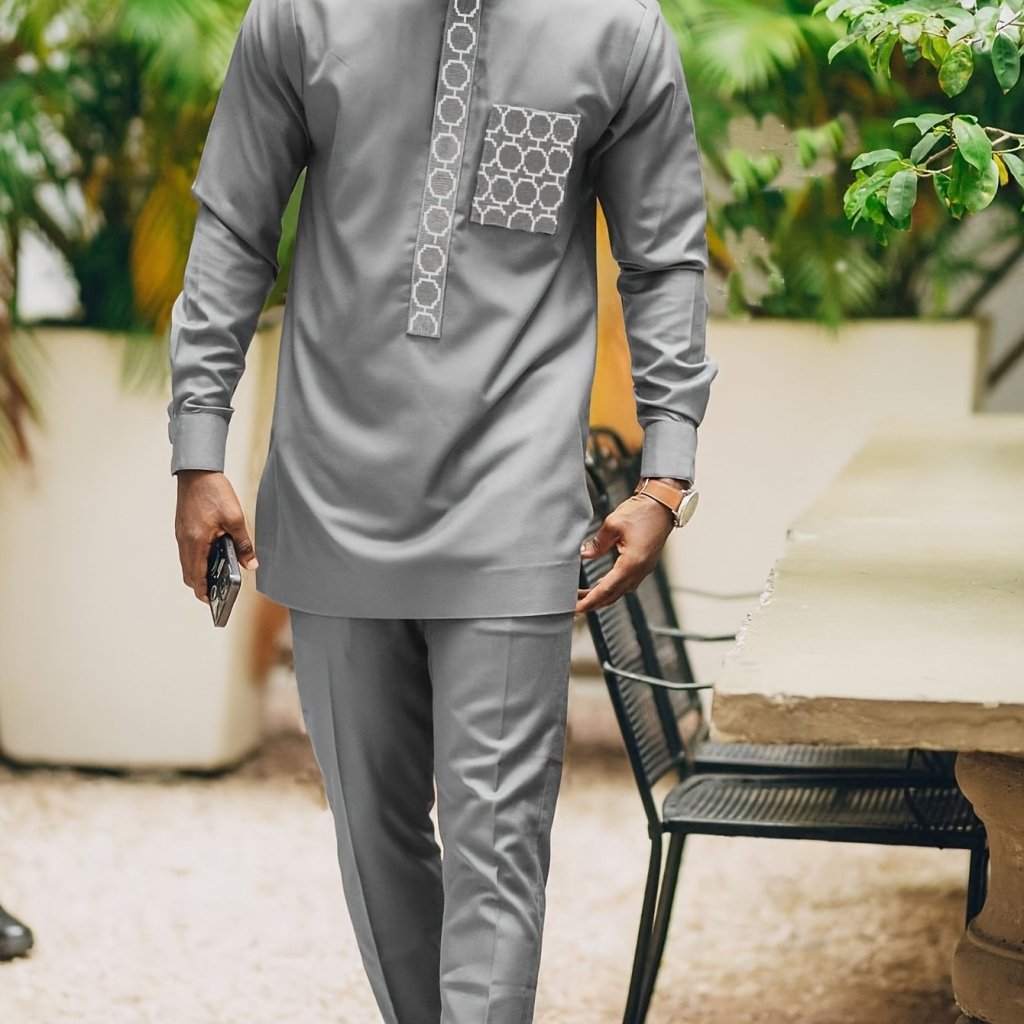 African Men’s Dashiki Outfit Set – Embroidered Round Neck Shirt & Elastic Waist Trousers (2PCS) - Free Delivery Worldwide only at Flexi Africa