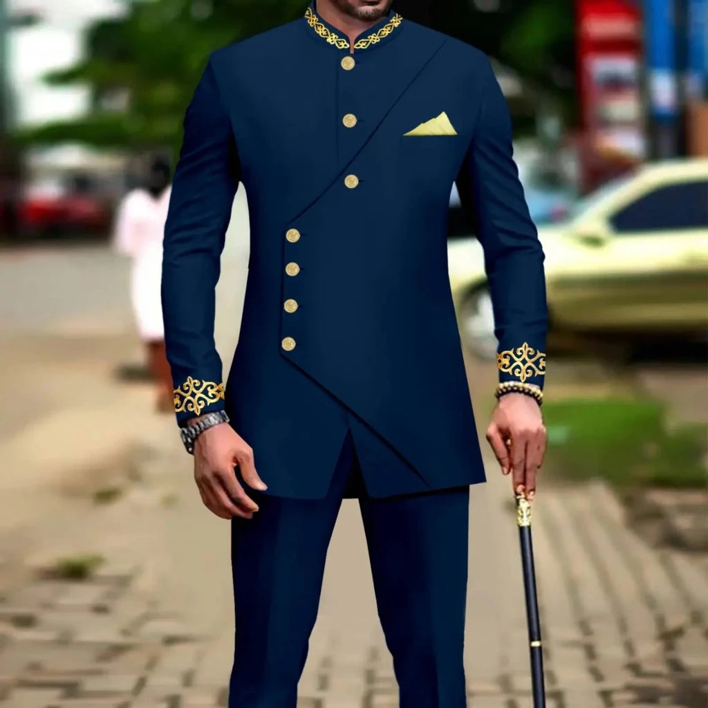 African Men’s Slim - Fit Suit Set – Double - Breasted Embroidered Blazer & Matching Trousers, Full - Sleeve Formal Business Attire - Free Delivery Worldwide only at Flexi Africa