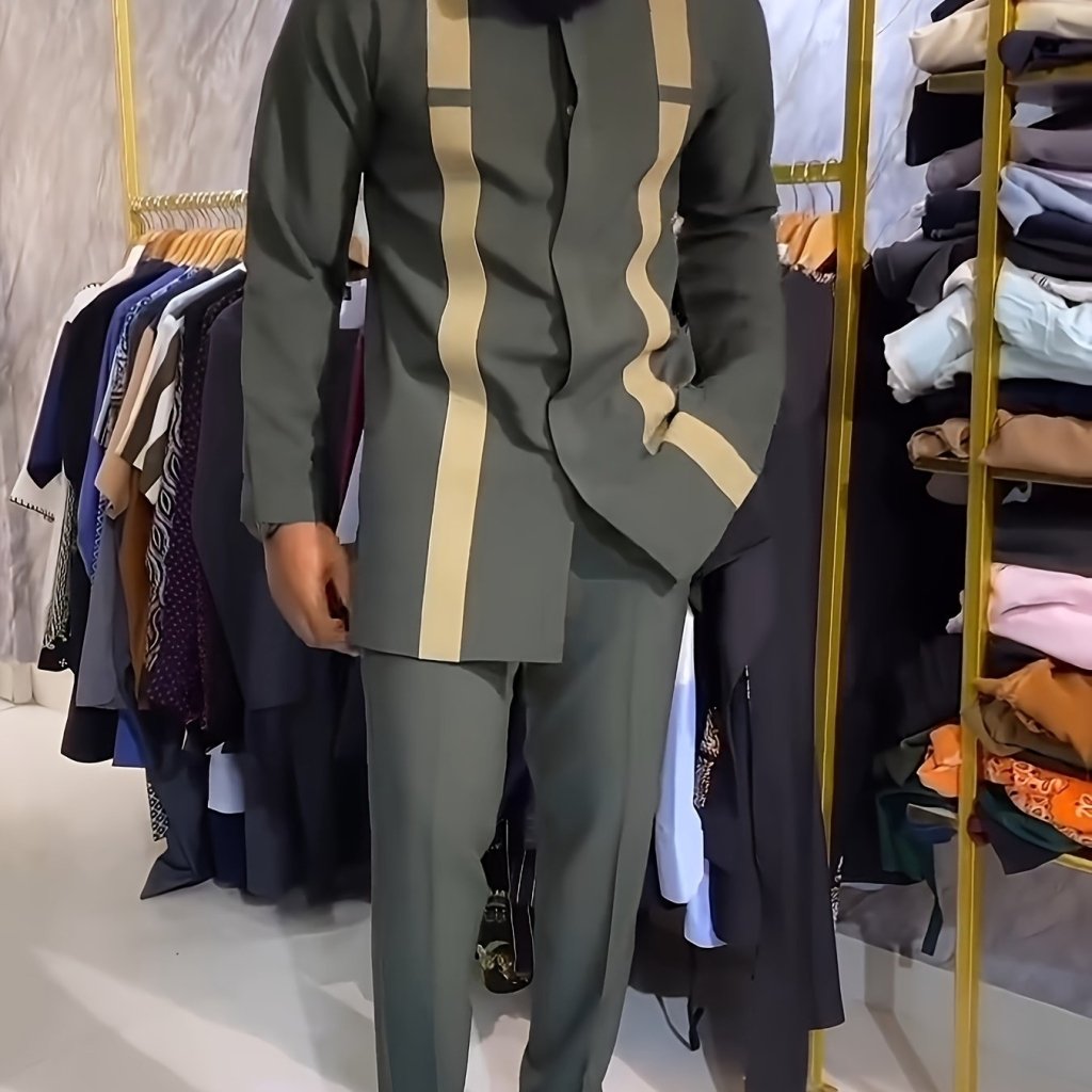 African Men’s Stripe Pattern Outfit Set – Long Sleeve Cultural Robe & Matching Drawstring Pants - Free Delivery Worldwide only at Flexi Africa