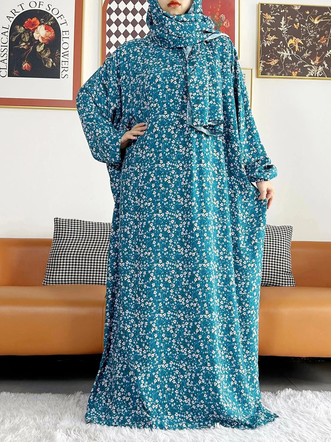 African Muslim Women Hooded Cotton Prayer Garment Kaftan With Hijab Floral Prints - Flexi Africa - Flexi Africa offers Free Delivery Worldwide - Vibrant African traditional clothing showcasing bold prints and intricate designs