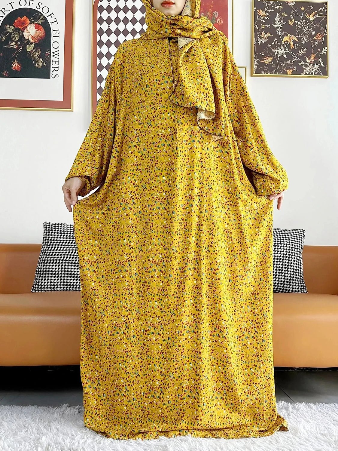 African Muslim Women Hooded Cotton Prayer Garment Kaftan With Hijab Floral Prints - Flexi Africa - Flexi Africa offers Free Delivery Worldwide - Vibrant African traditional clothing showcasing bold prints and intricate designs