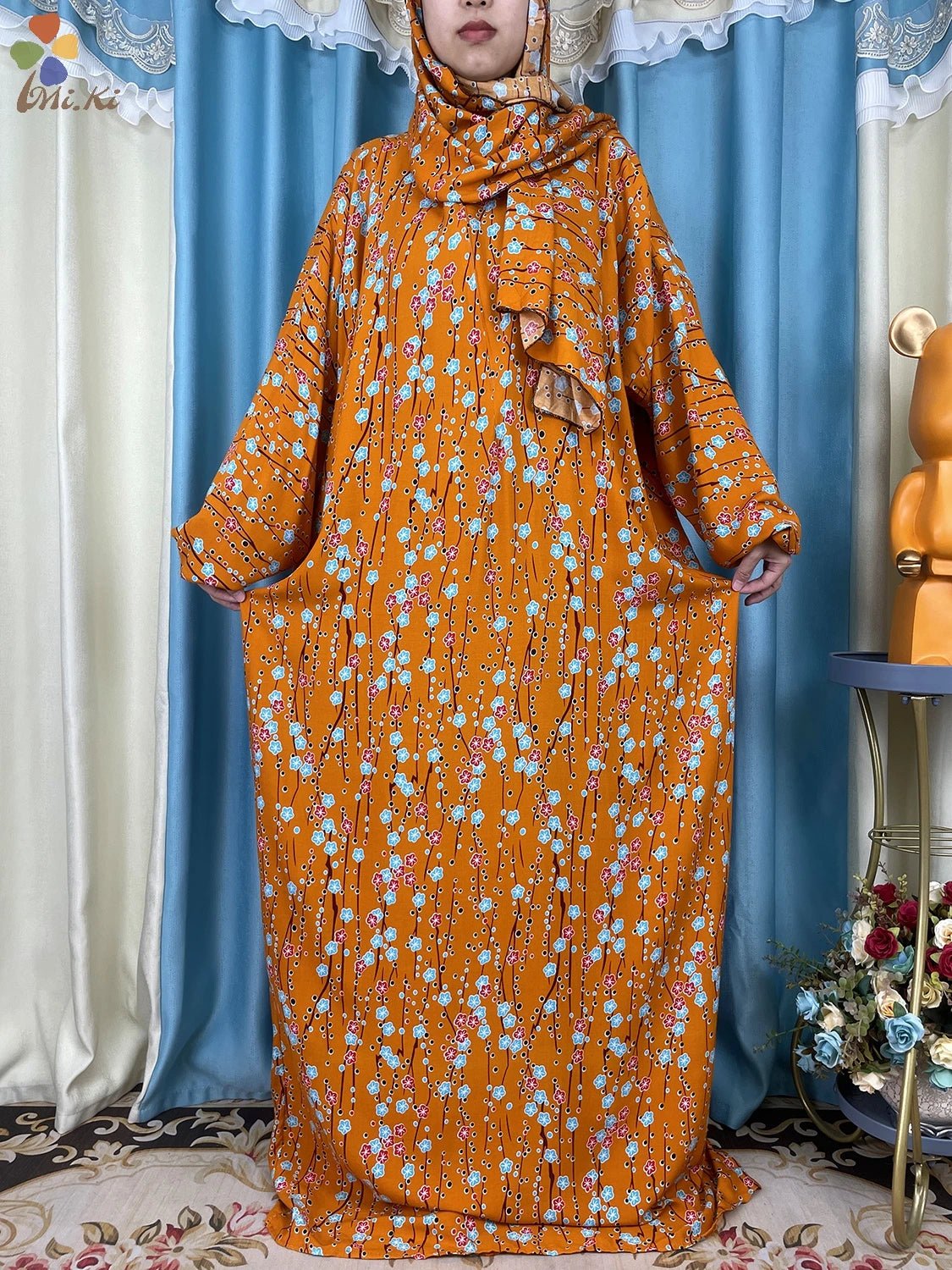 African Muslim Women Hooded Cotton Prayer Garment Kaftan With Hijab Floral Prints - Flexi Africa - Flexi Africa offers Free Delivery Worldwide - Vibrant African traditional clothing showcasing bold prints and intricate designs