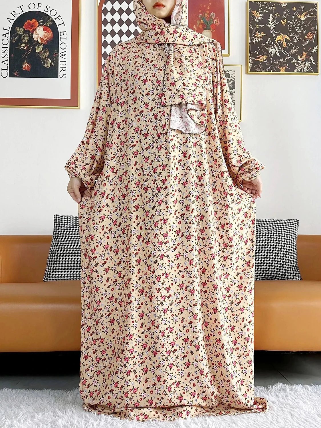 African Muslim Women Hooded Cotton Prayer Garment Kaftan With Hijab Floral Prints - Flexi Africa - Flexi Africa offers Free Delivery Worldwide - Vibrant African traditional clothing showcasing bold prints and intricate designs