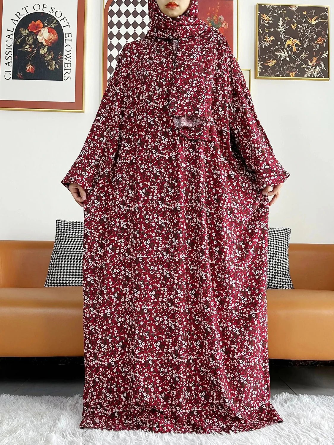 African Muslim Women Hooded Cotton Prayer Garment Kaftan With Hijab Floral Prints - Flexi Africa - Flexi Africa offers Free Delivery Worldwide - Vibrant African traditional clothing showcasing bold prints and intricate designs